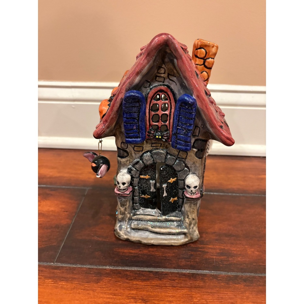 Halloween Ceramic Haunted House Tea Light Holder Ghost Skull Bat Decor Multi